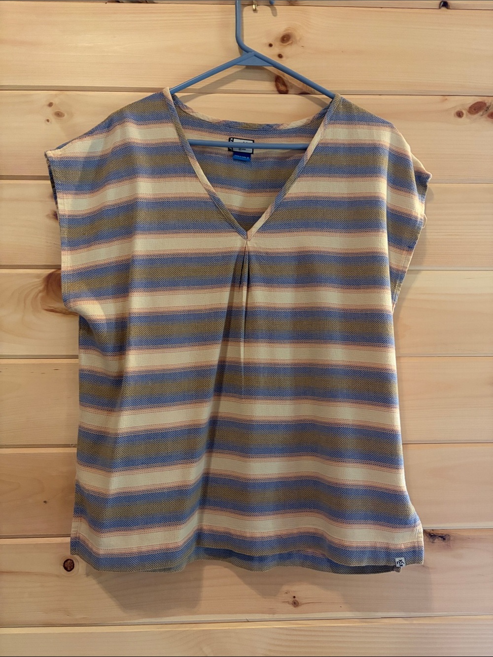Kavu Striped V-Neck Blouse in Blue and Cream